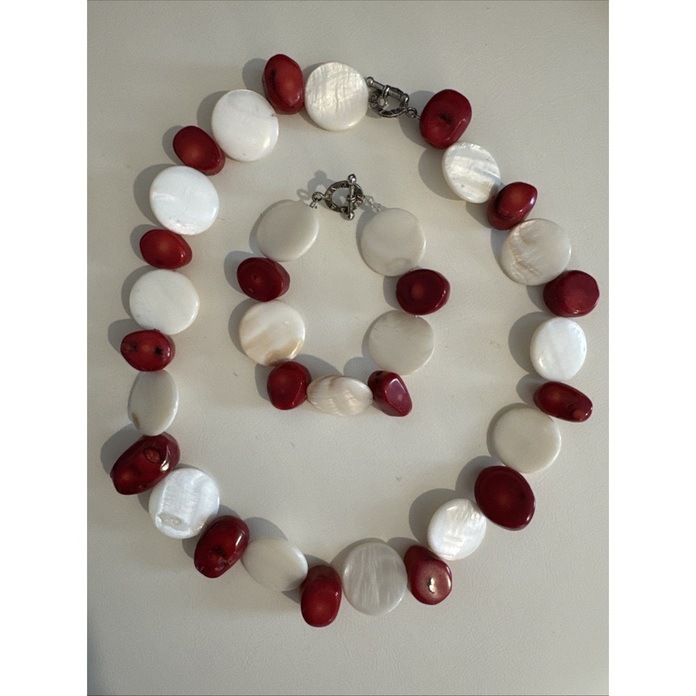 VTG Natural Red Coral Chunky Necklace 22"White MOP Disc Beads & Bracelet Set - Picture 13 of 16